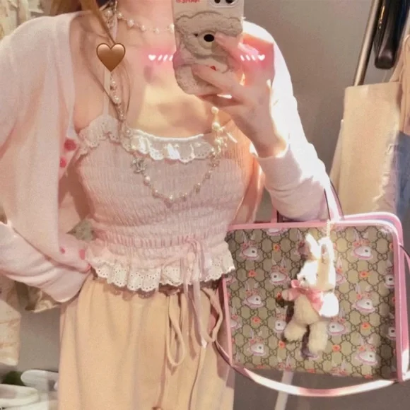 Pastel Pink Japanese Kawaii Style Cottage Lace Ruffle Ribbon Halter Crop Top